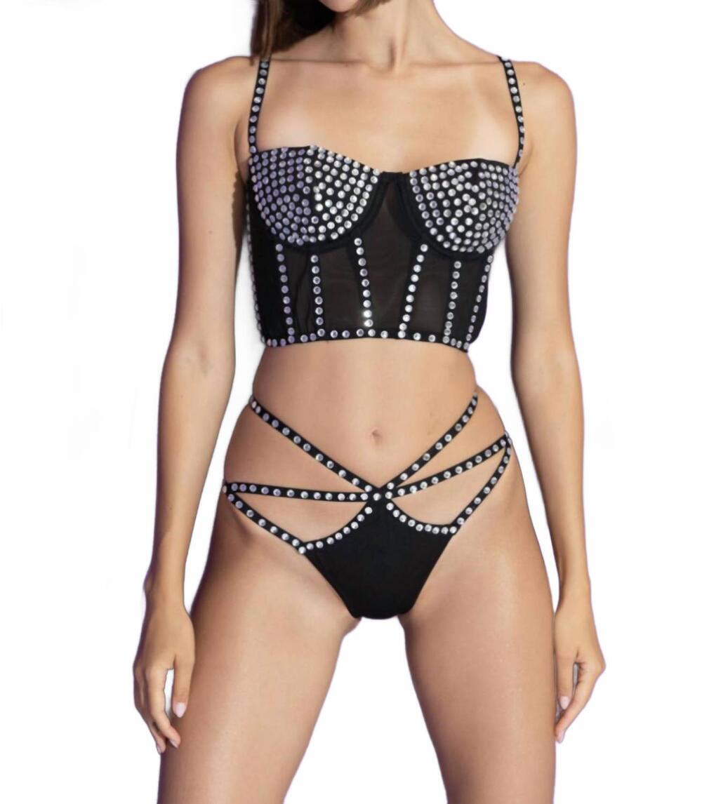 NEW KIKIRIKI women's crystal embellished mesh bustier set in mesh